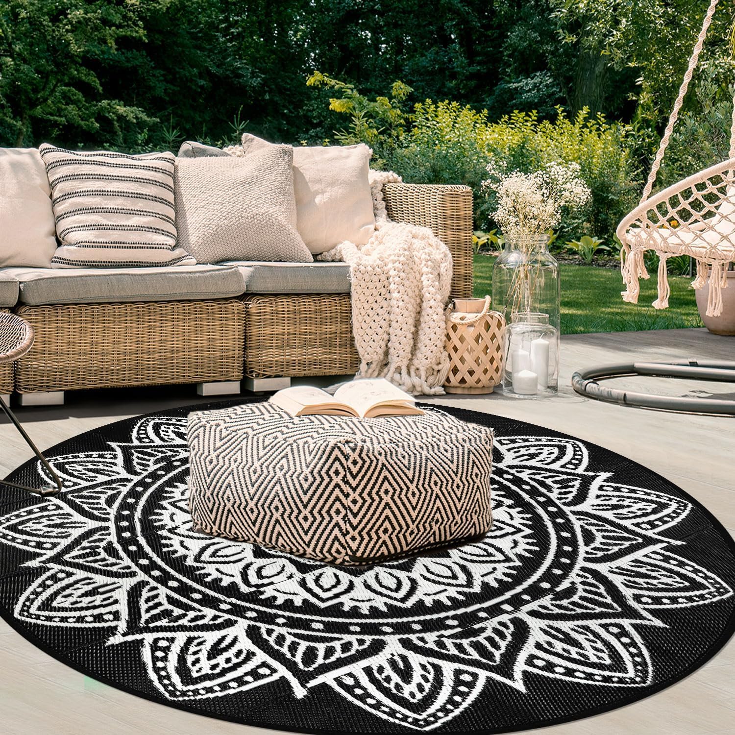 famibay Round Outdoor Rug rolled up for storage