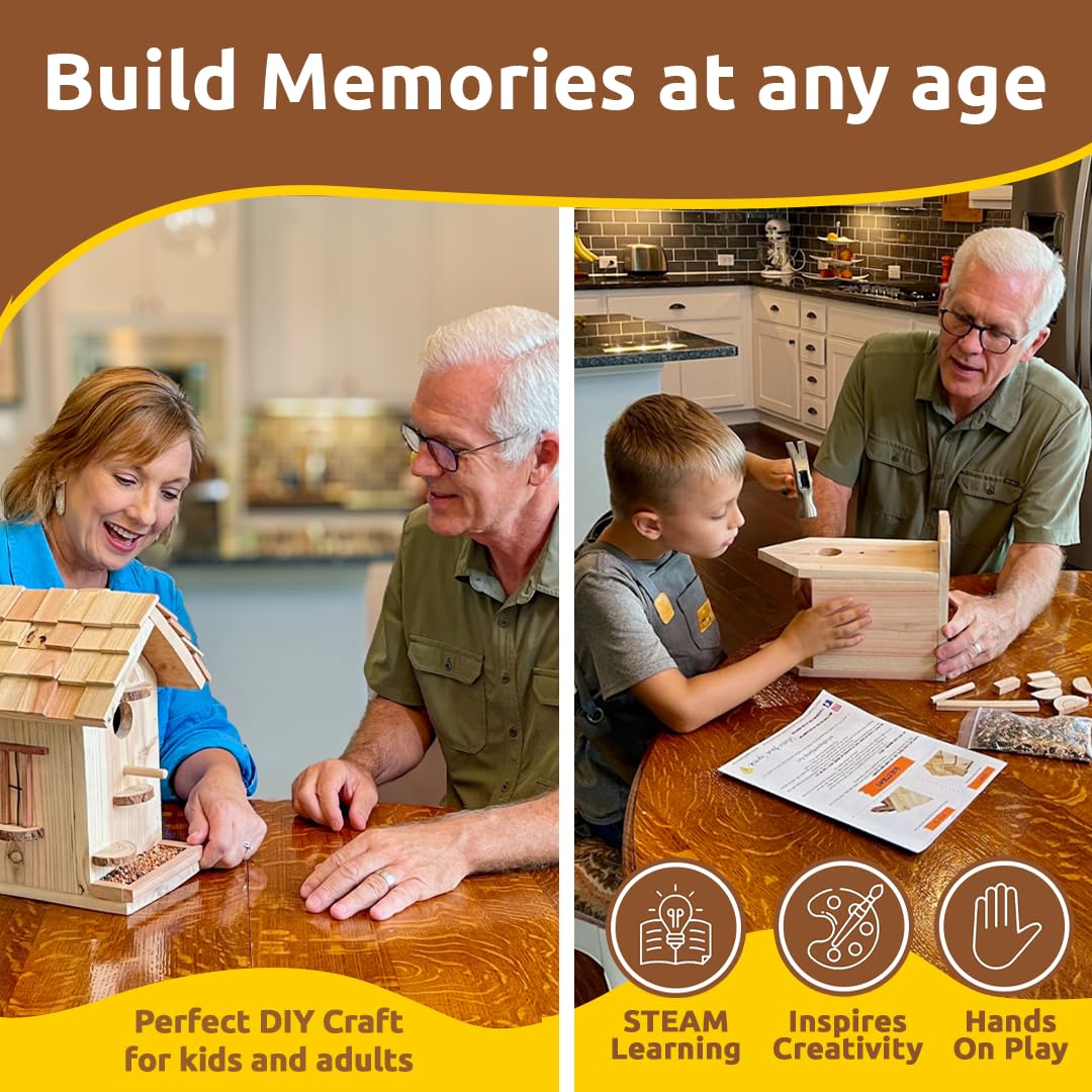 Family building the SparkJump Wooden Birdhouse together