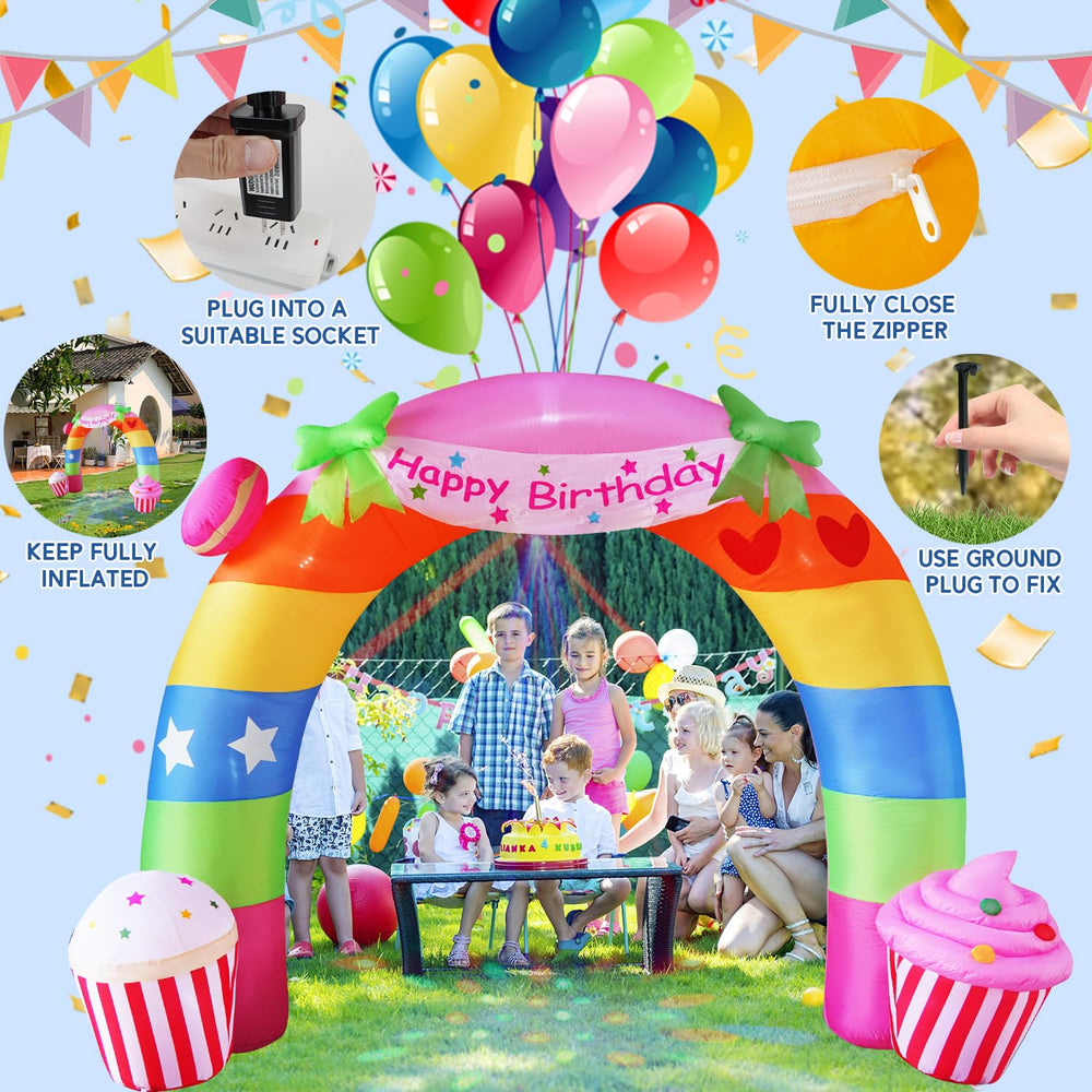Family celebrating under the InfleasJoiy inflatable birthday arch
