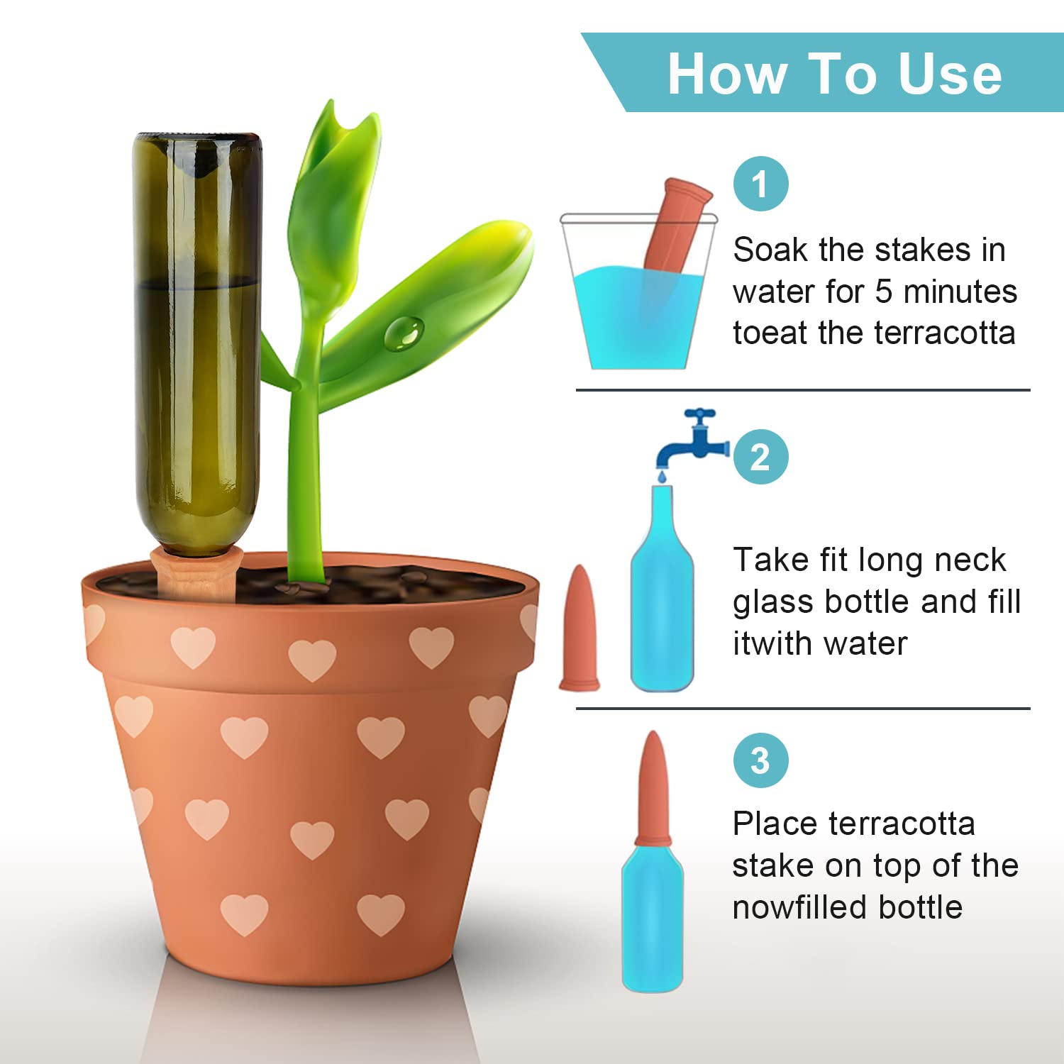 FAMILY Plant Watering Stake in use with a long-neck bottle