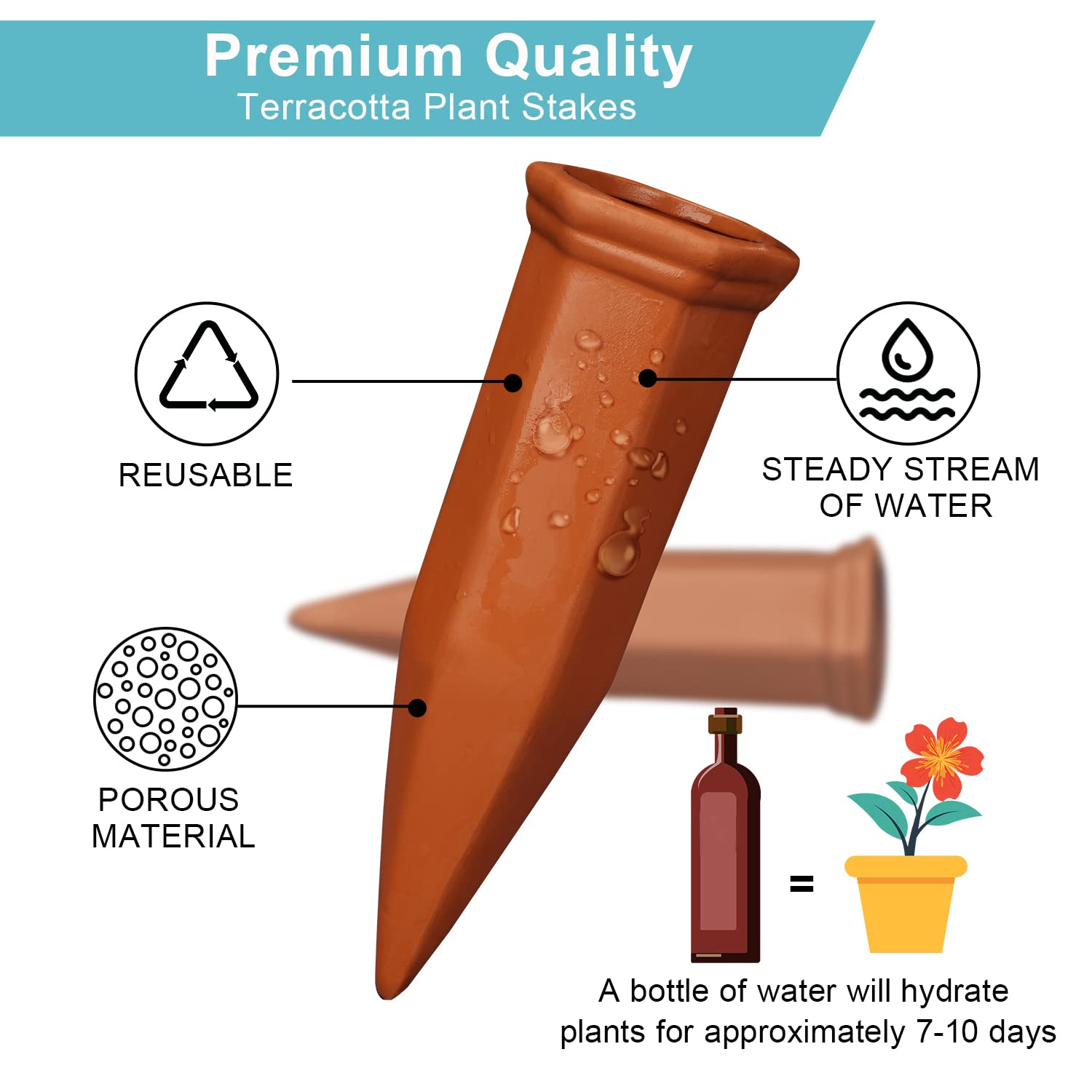 FAMILY Plant Watering Stakes next to potted plants