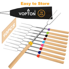 Family roasting marshmallows using VOPTON sticks at a campfire