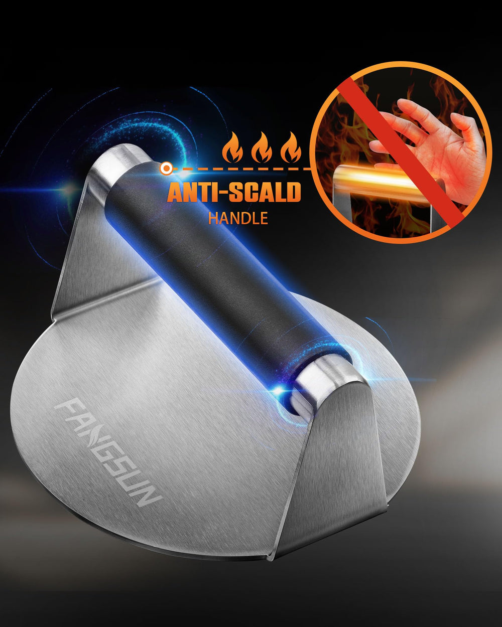 FANGSUN Burger Press showing the comfortable heat-resistant handle