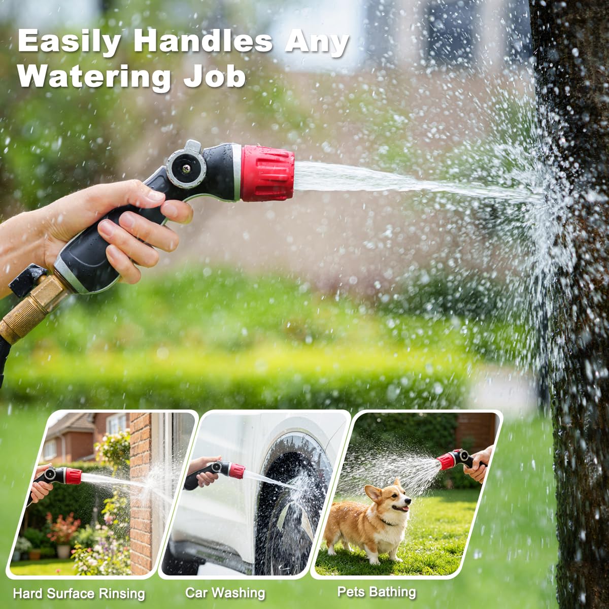 FANHAO Garden Hose Nozzle with instruction manual on a wooden surface