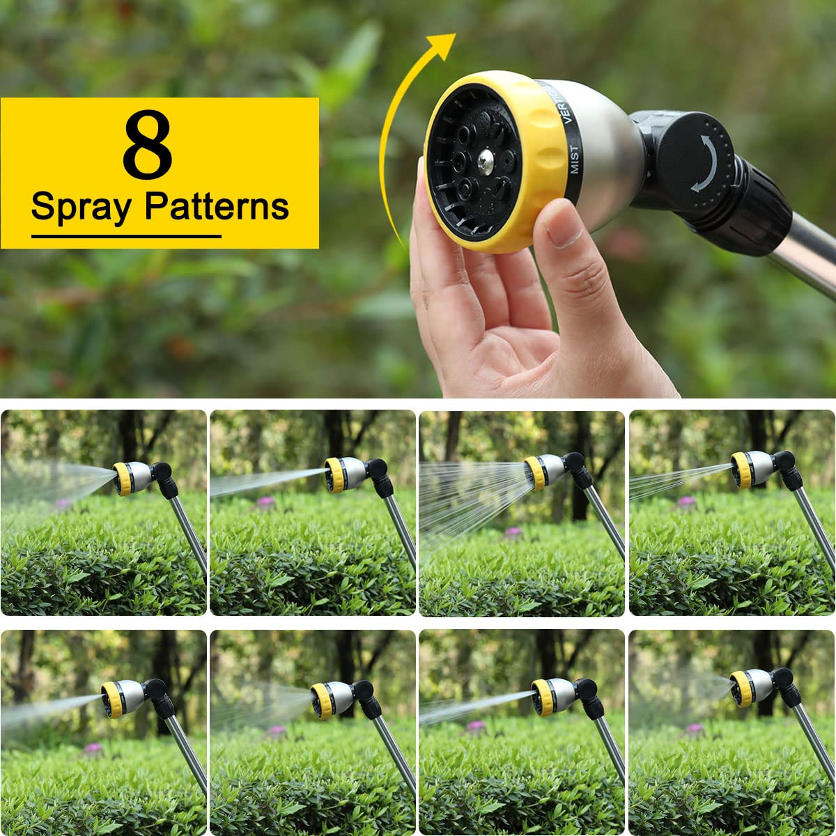 FANHAO Garden Watering Wand demonstrating 8 adjustable spray patterns