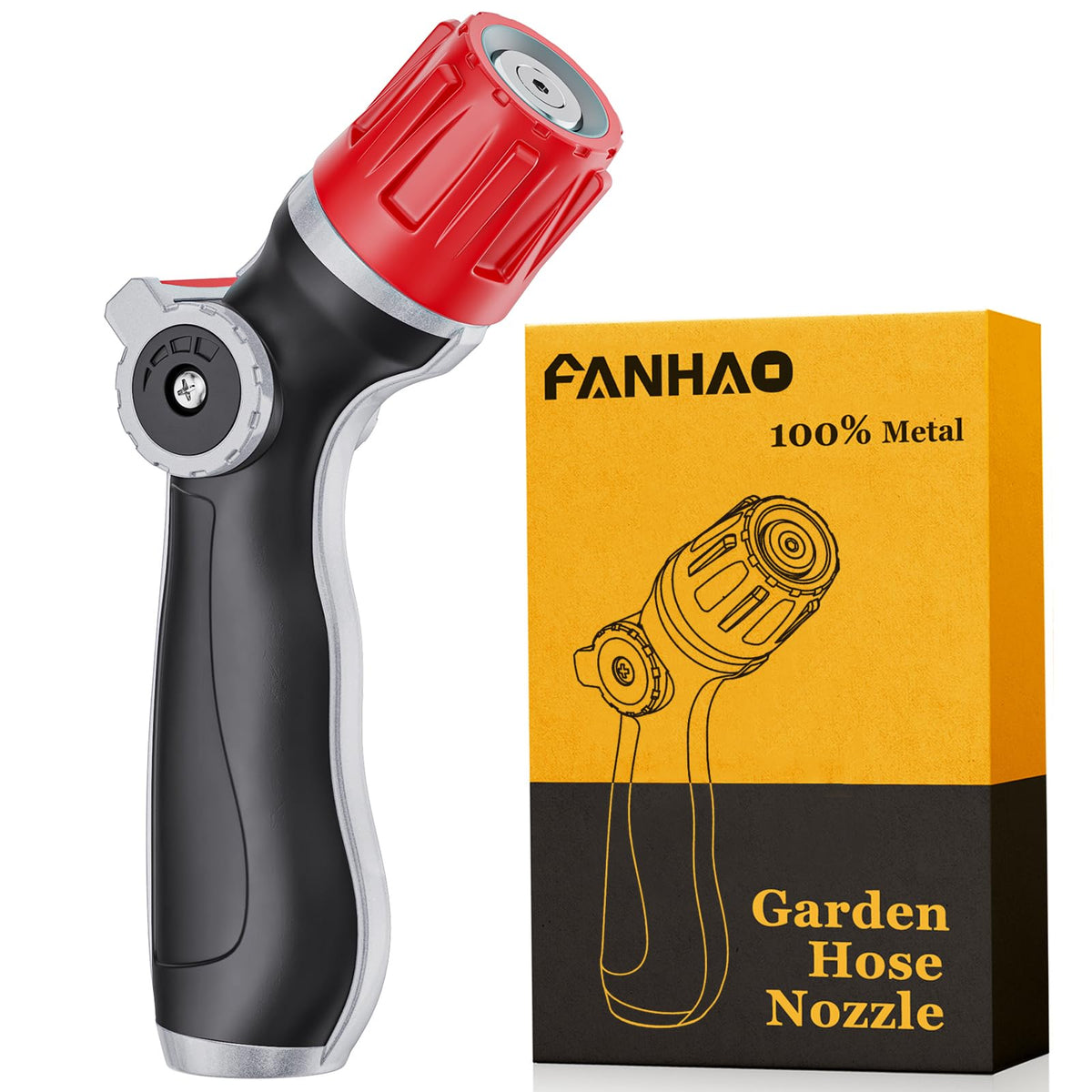 FANHAO Heavy Duty Metal Garden Hose Nozzle in red with adjustable tip