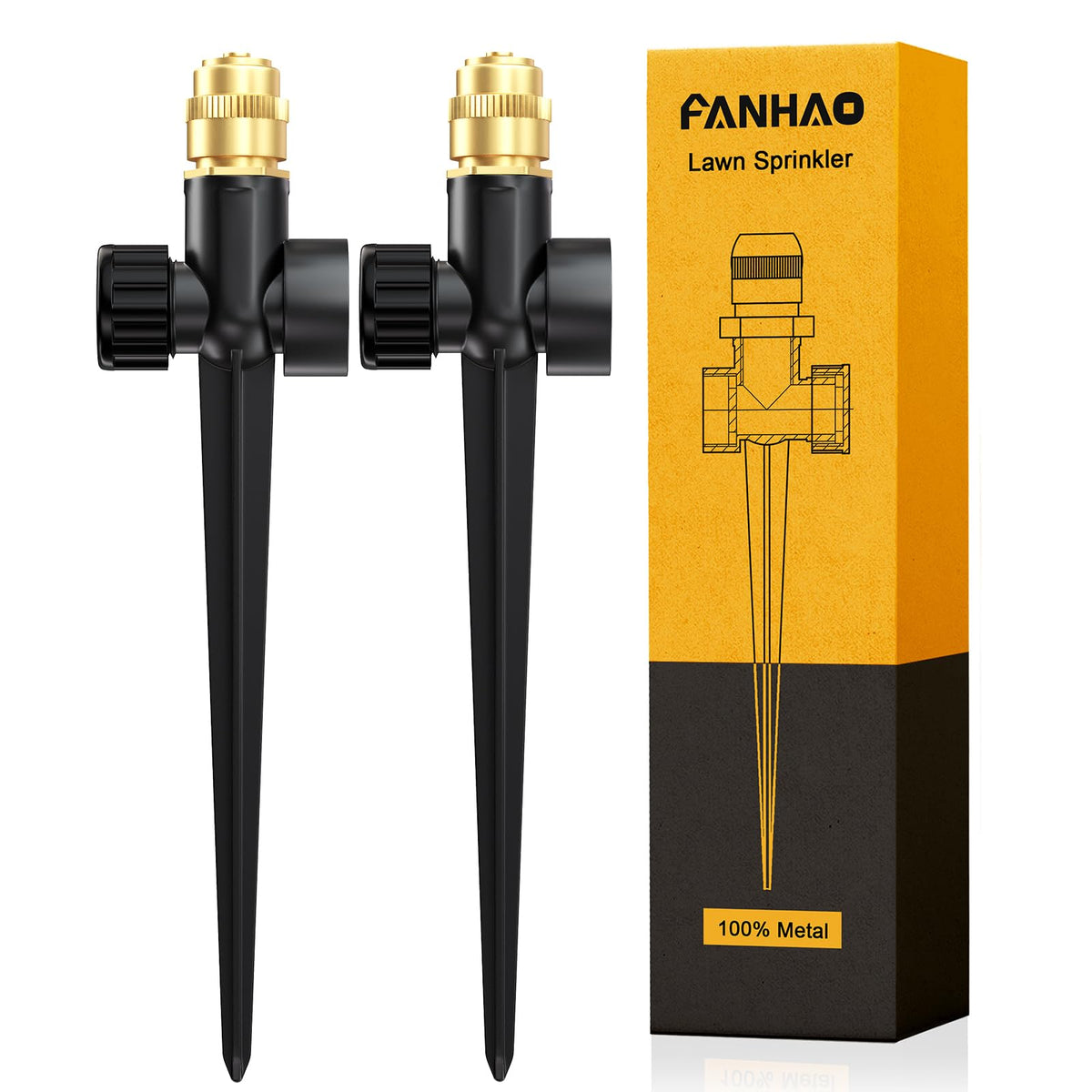 FANHAO Metal Lawn Sprinkler Set, two black sprinklers side view