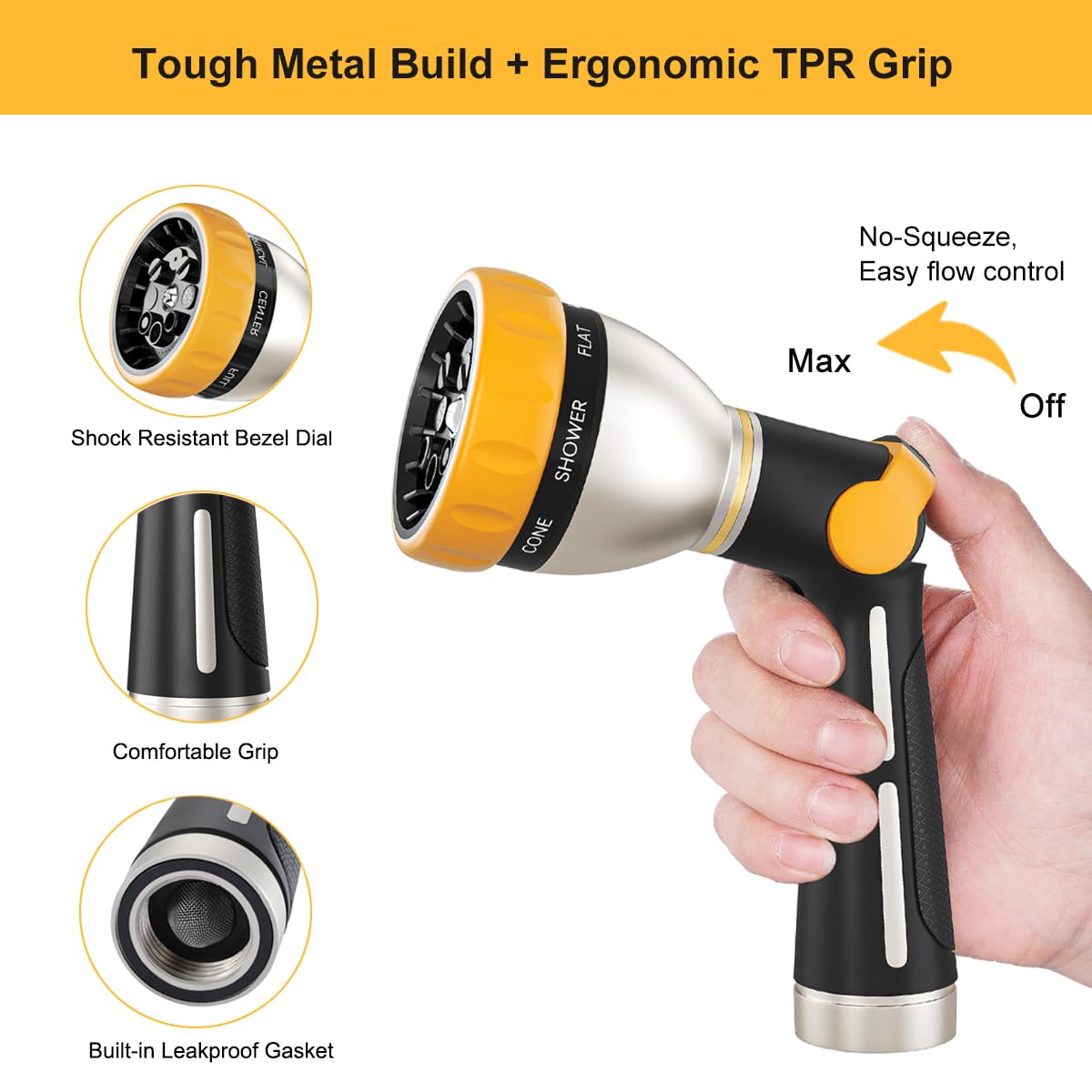 FANHAO nozzle with ergonomic non-slip grip in black and yellow