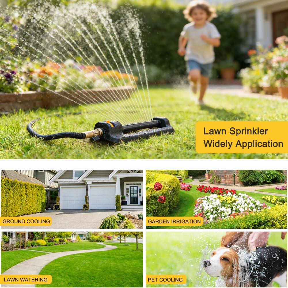 FANHAO Oscillating Sprinkler features highlighted with arrows