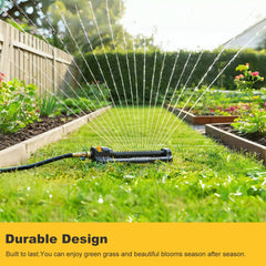 FANHAO Oscillating Sprinkler in a garden setting watering plants
