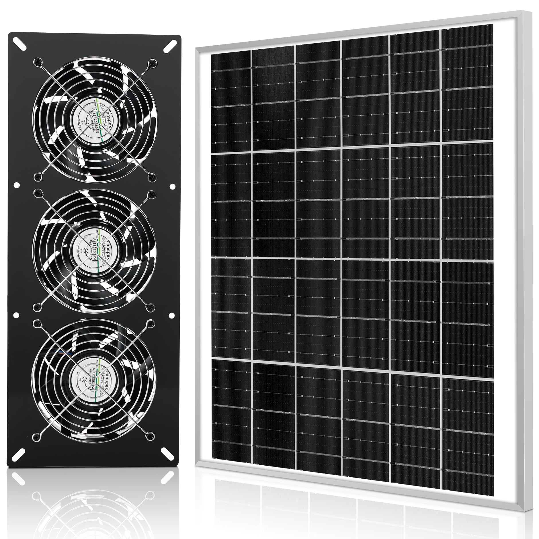 Fanspex Solar 3 Fan Kit, black outdoor setup with solar panel