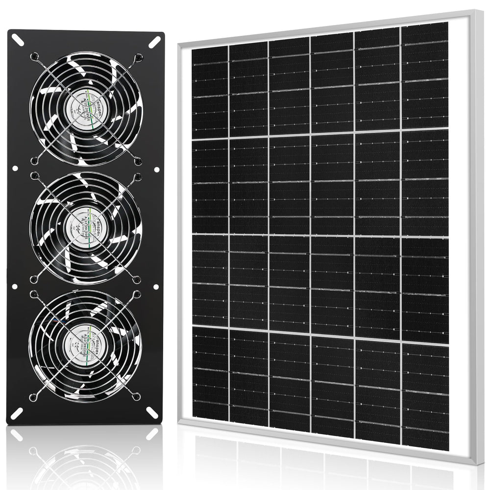 Fanspex Solar 3 Fan Kit, black outdoor setup with solar panel