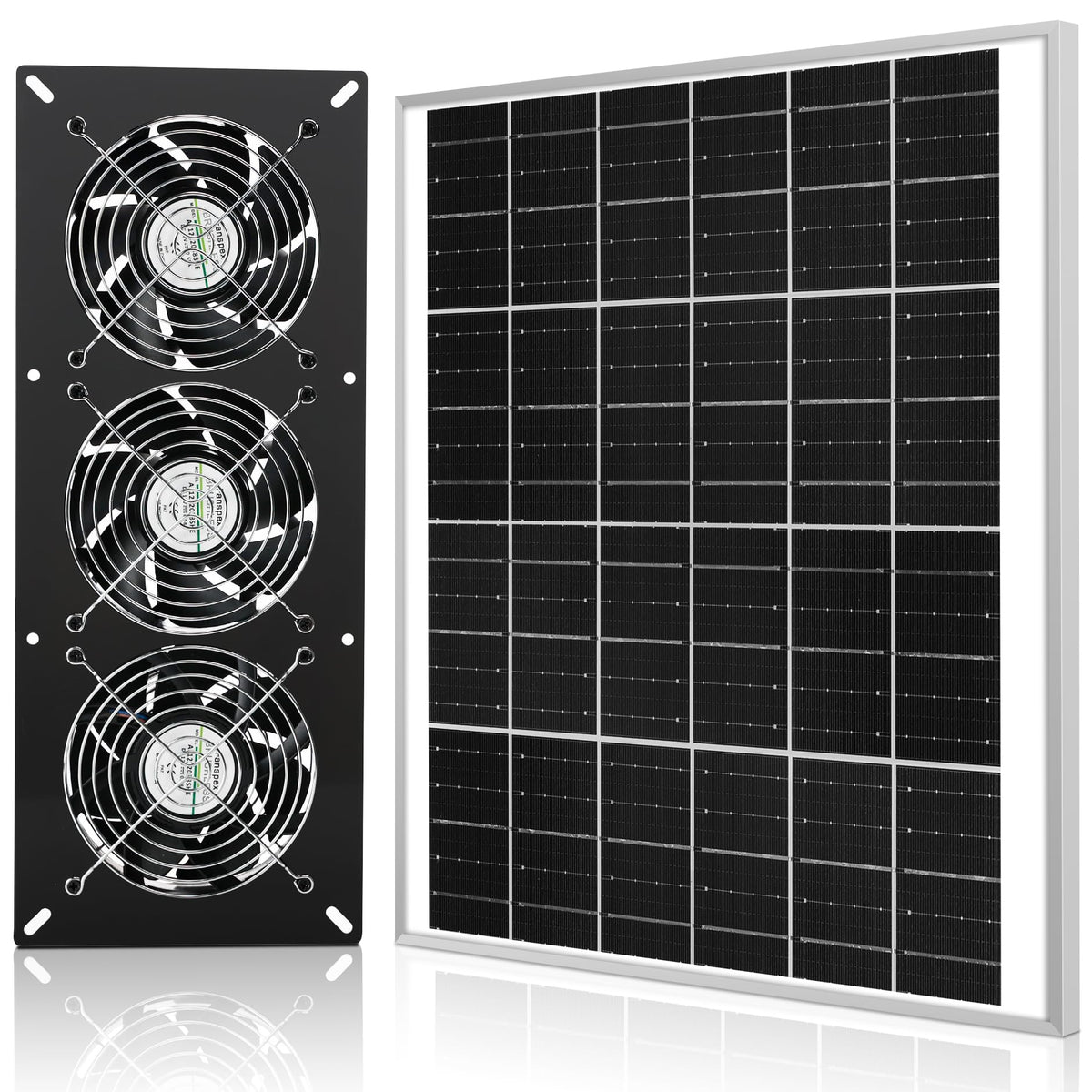 Fanspex Solar 3 Fan Kit, black outdoor setup with solar panel