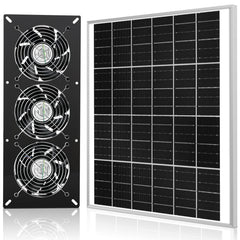 Fanspex Solar 3 Fan Kit, black outdoor setup with solar panel