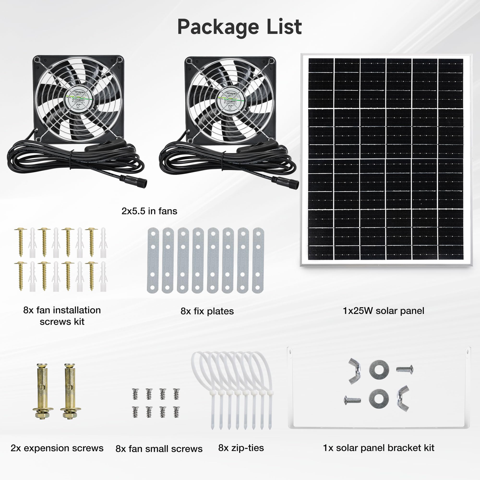 Fanspex Solar 5.5-inch fan kit displayed in outdoor setup
