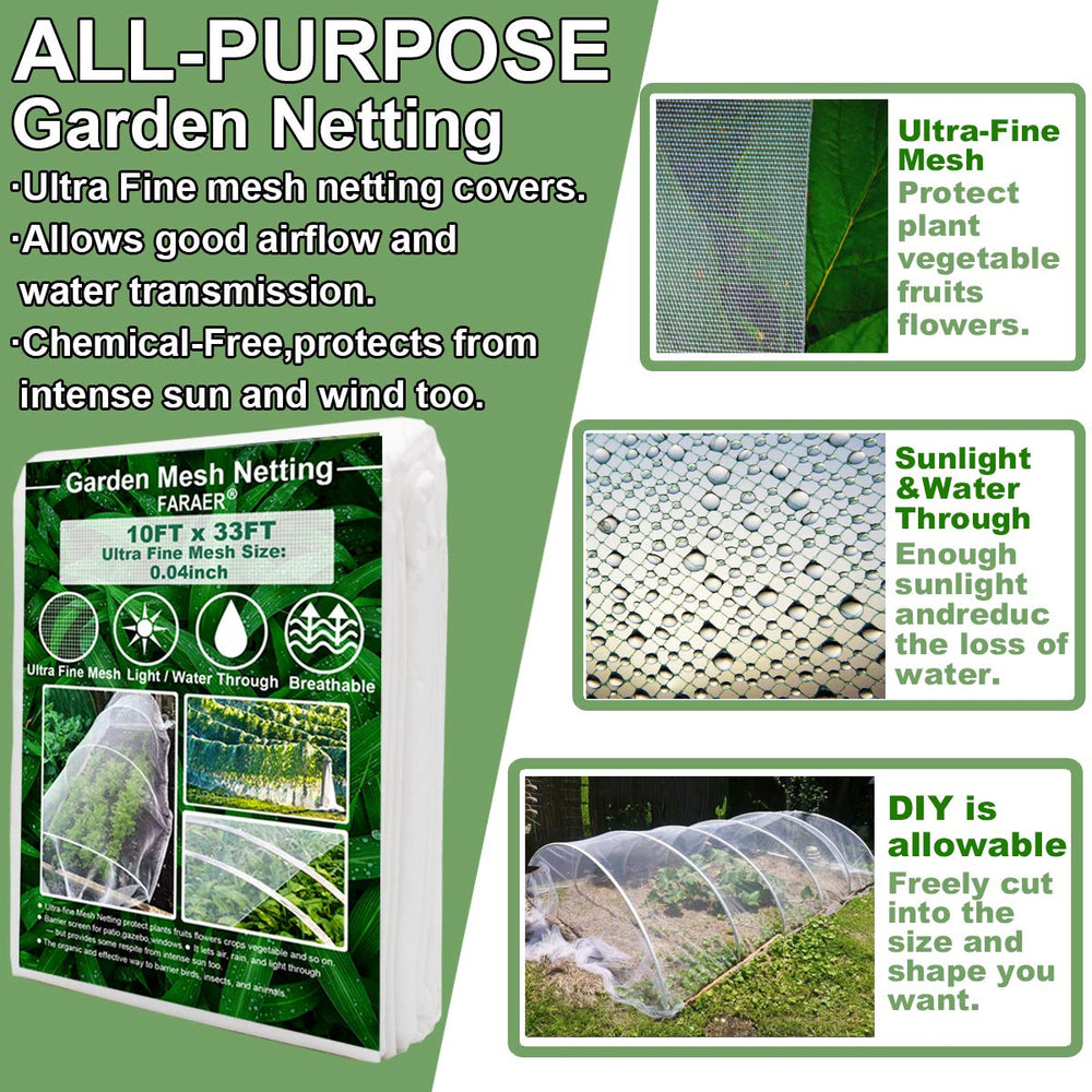 FARAER Garden Netting 10x33 Ft displayed on a garden bed