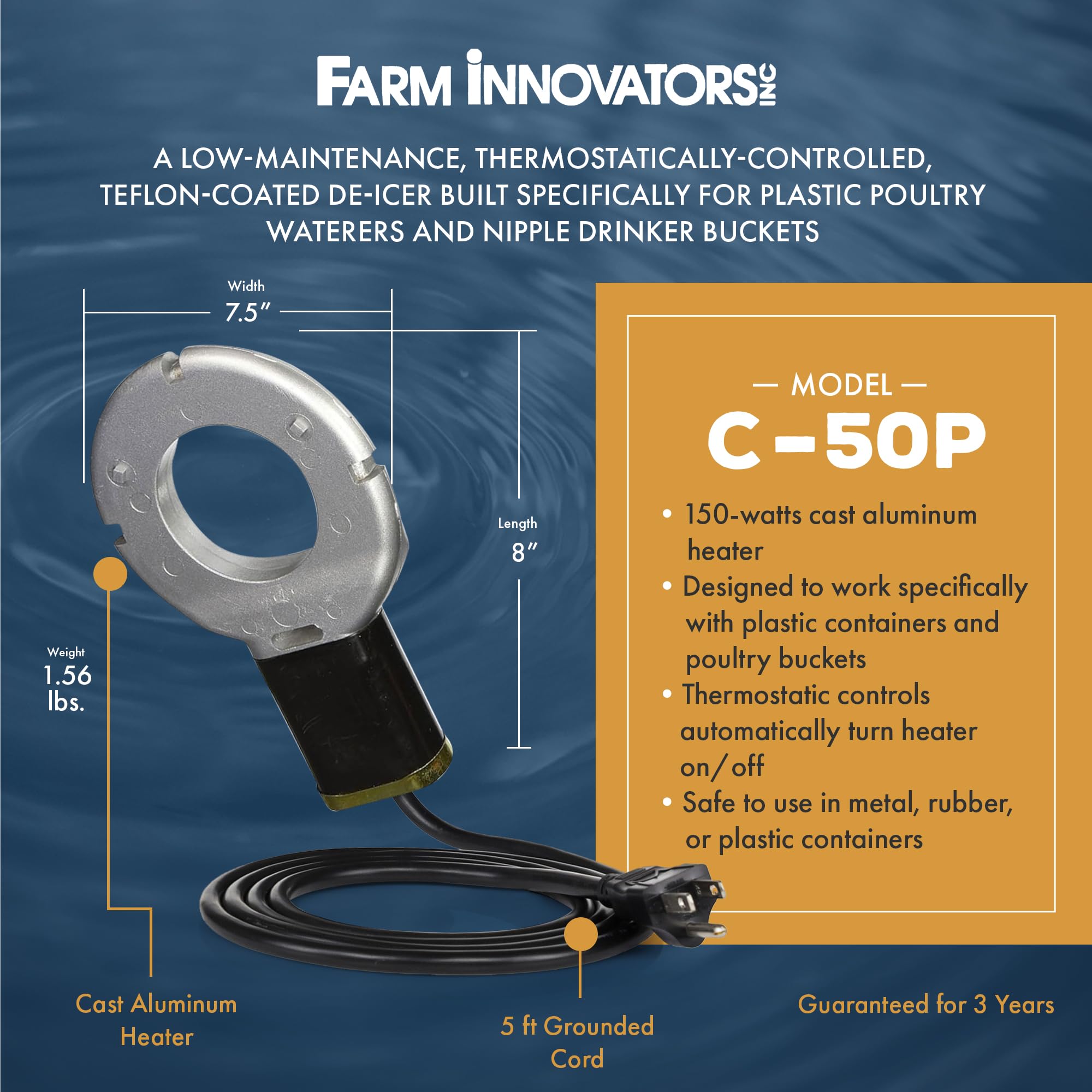 Farm Innovators Chicken Waterer De-Icer in use with nipple drinker