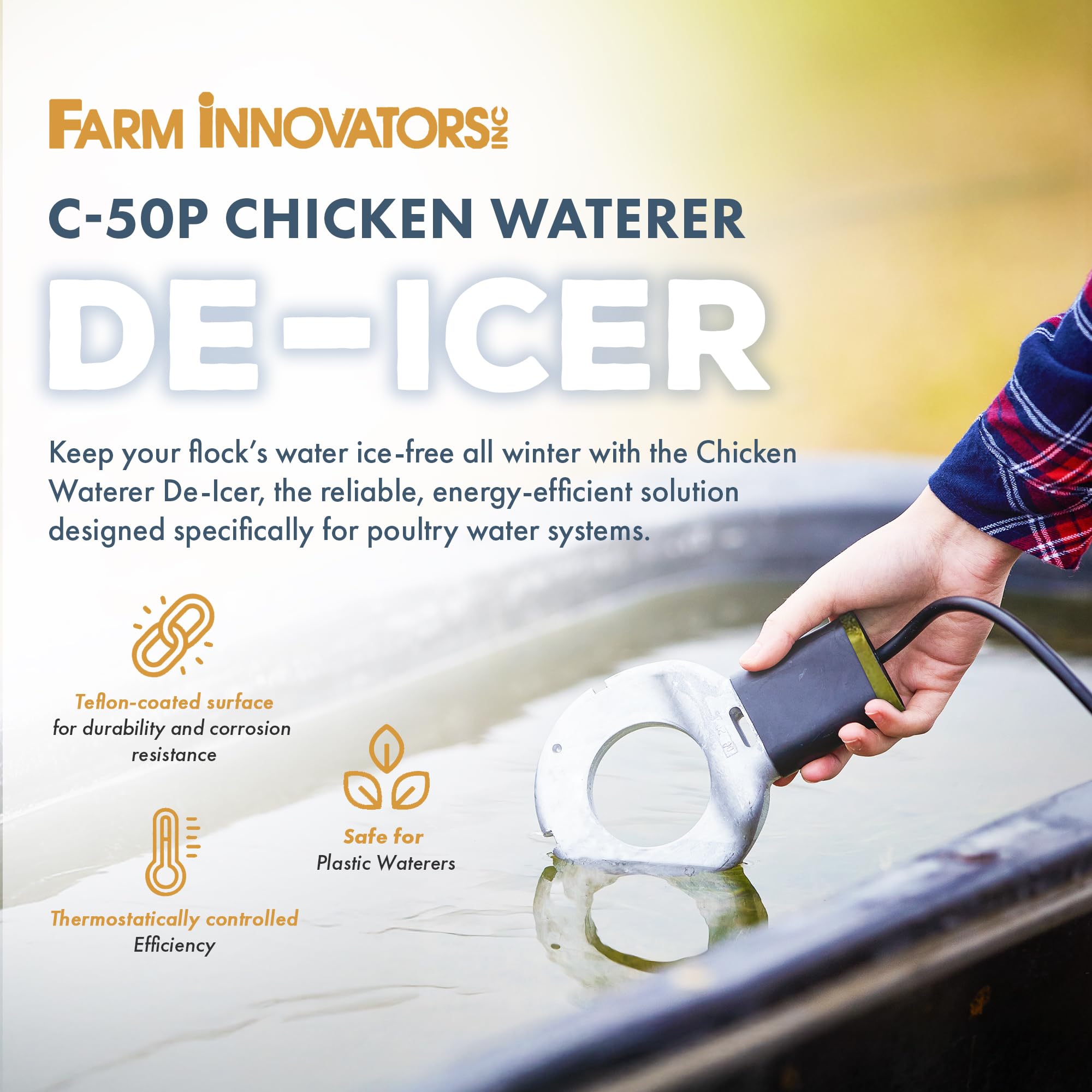 Farm Innovators Chicken Waterer De-Icer side view with Teflon coating