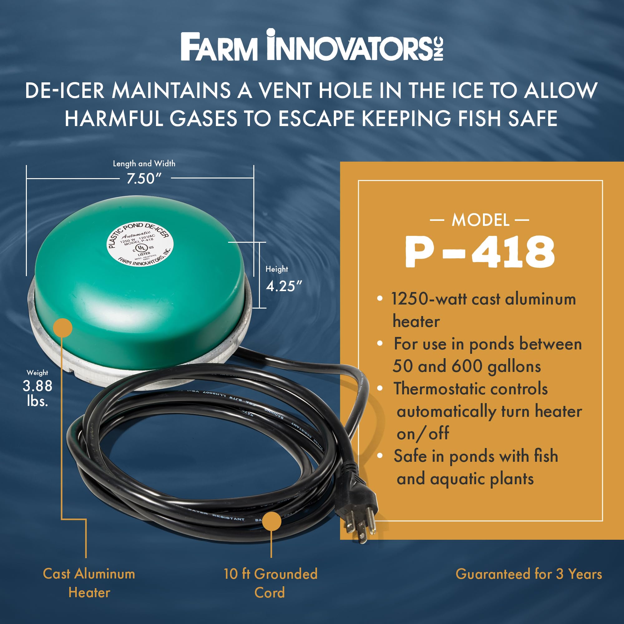 Farm Innovators Floating Pond De-Icer in a pond