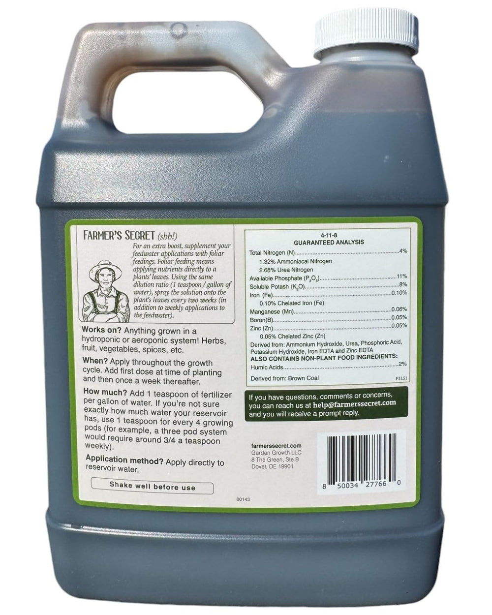 Farmer's Secret Hydroponic Fertilizer 32oz liquid fertilizer side view