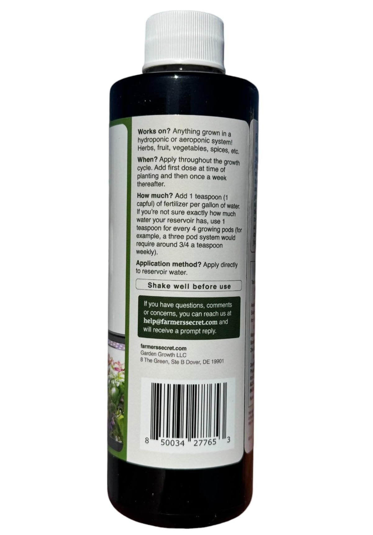 Farmer's Secret Hydroponic Fertilizer 8oz back label