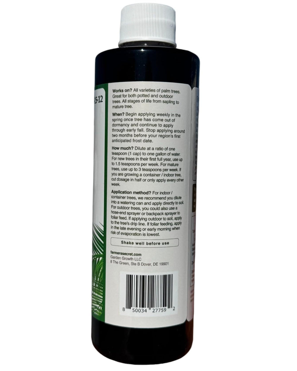 Farmer's Secret Palm Tree Fertilizer label close-up