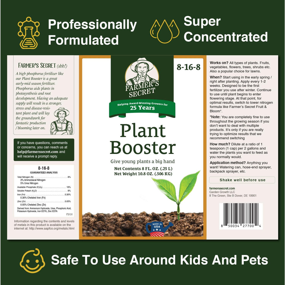Farmer's Secret Plant support 32oz label details