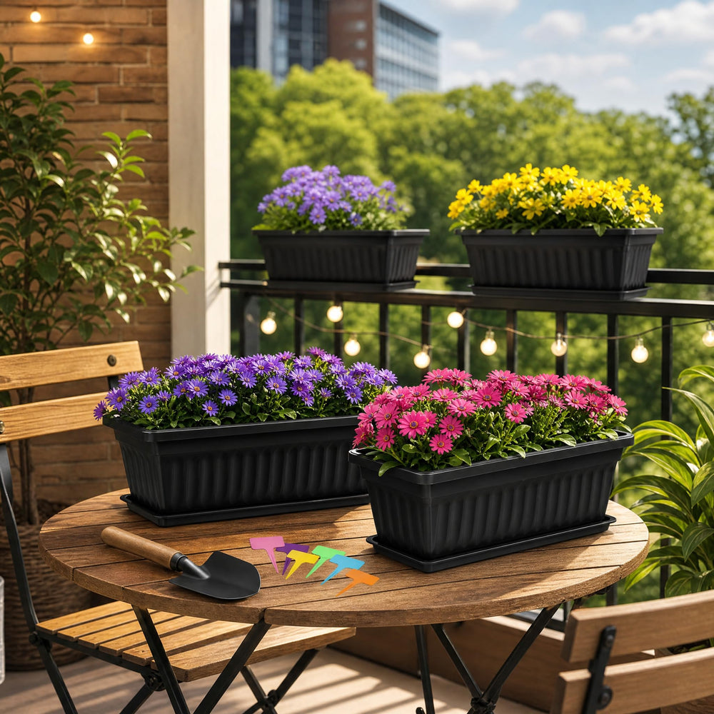 Fasmov planters displayed on a patio with flowers