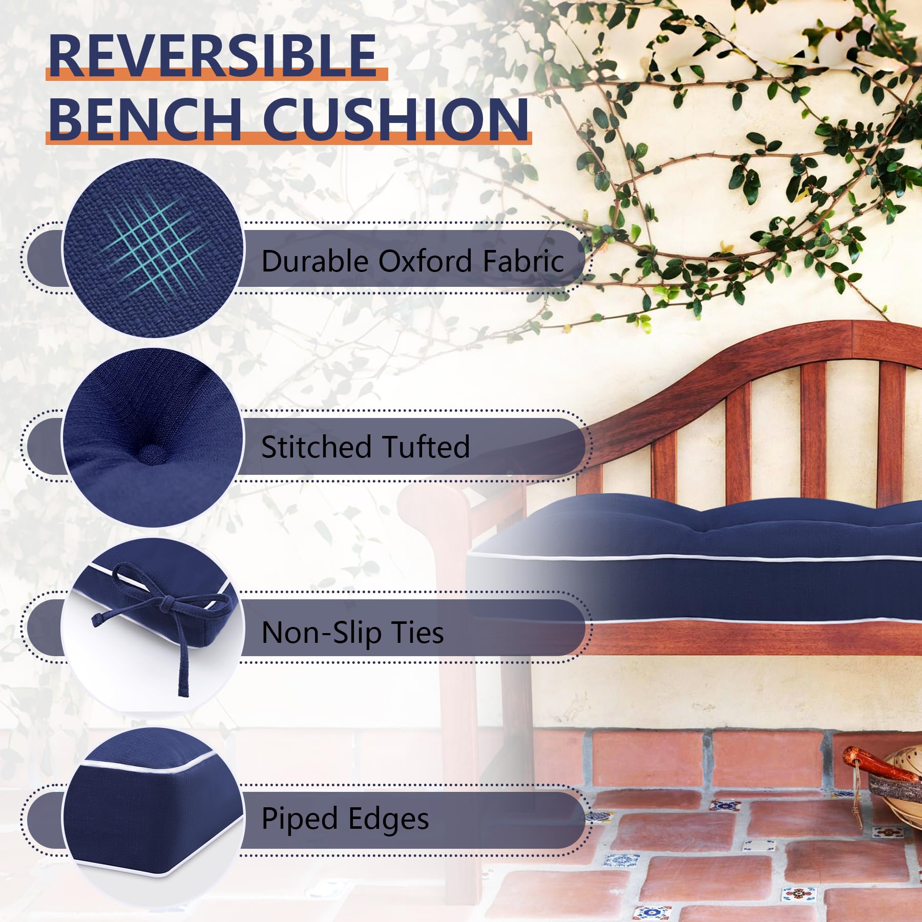 Favoyard Indoor/Outdoor Waterproof Bench Cushion displayed indoors on a bench