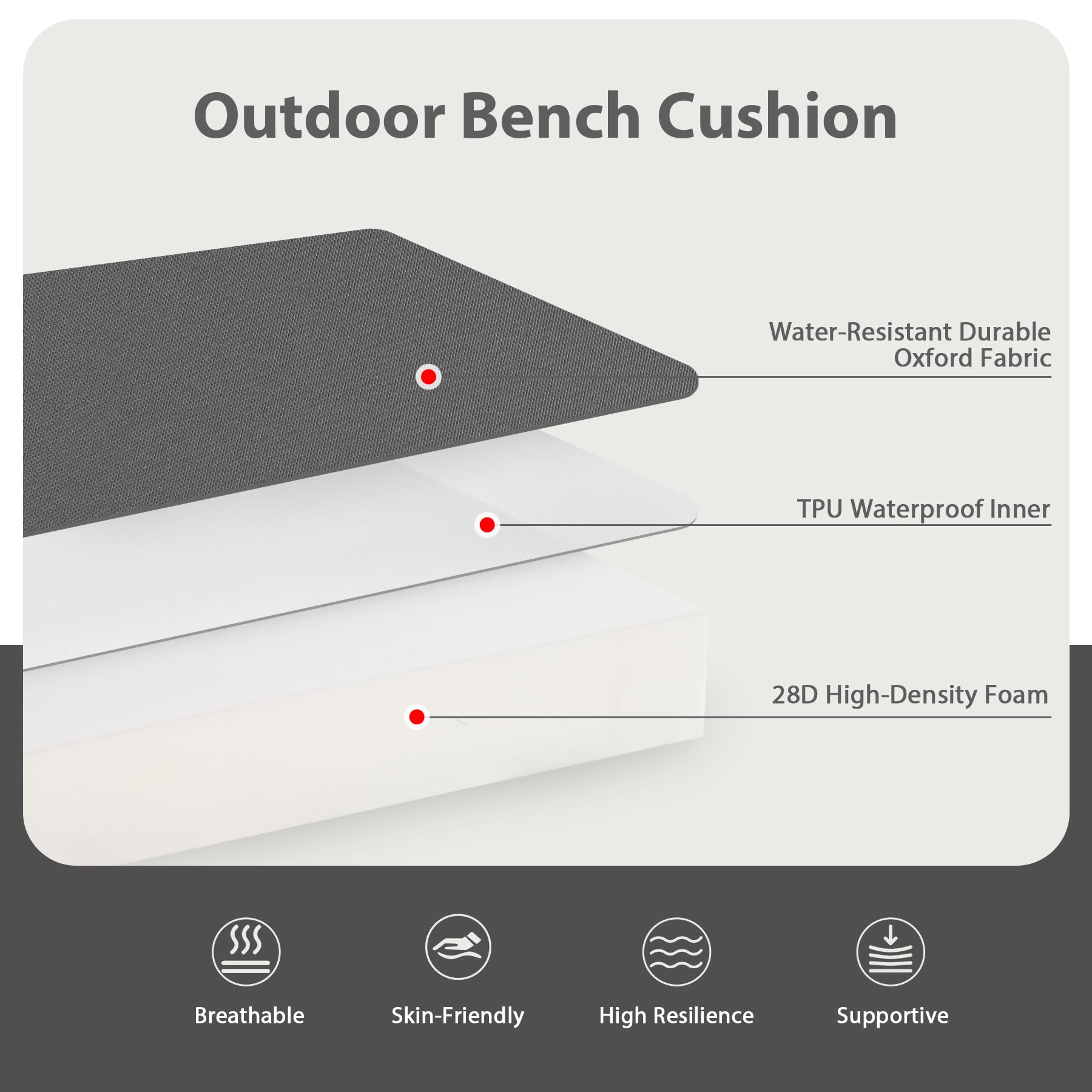 Favoyard Outdoor Bench Cushion 42 x 18 inch dark gray side view