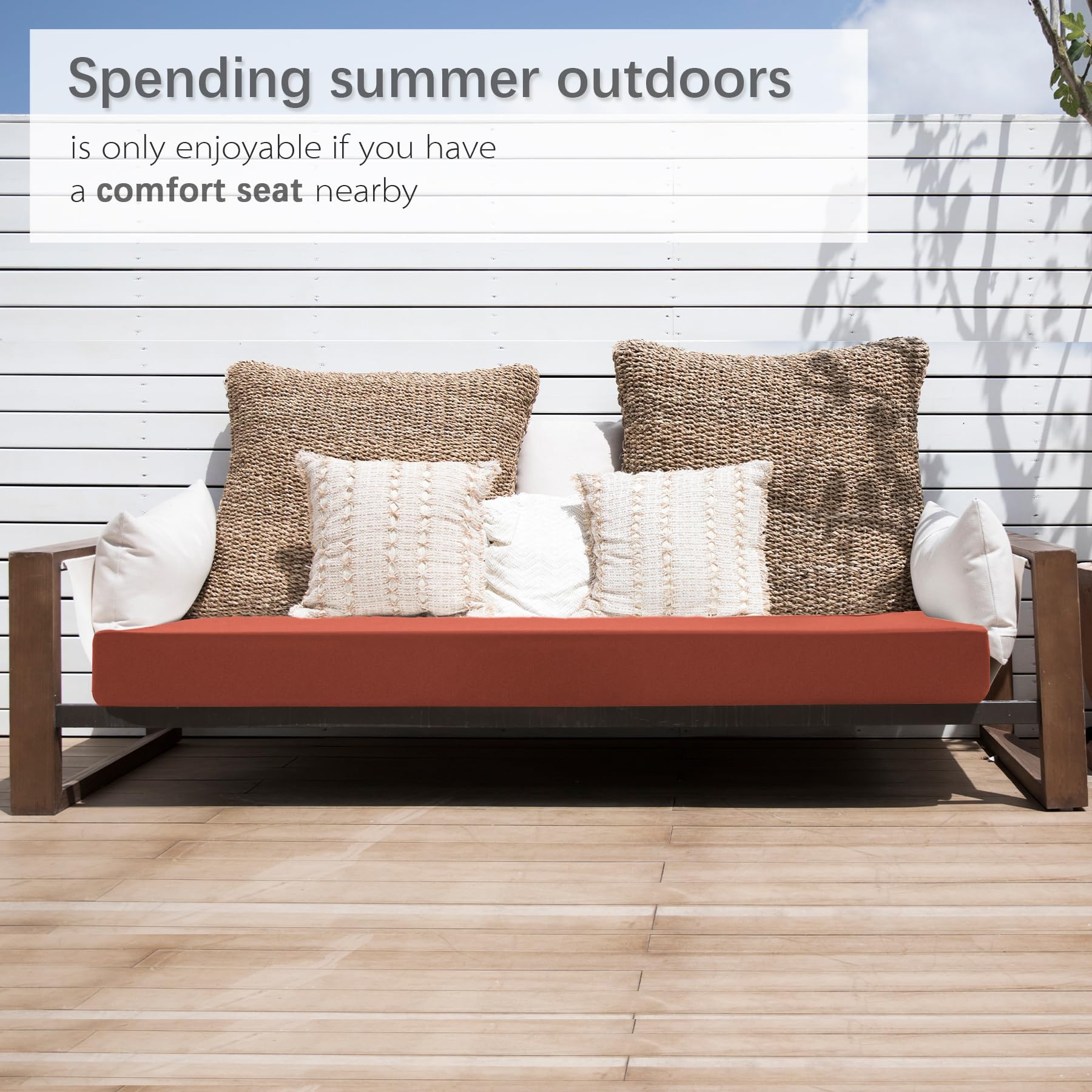 Favoyard Outdoor Bench Cushion in Spice Colour displayed outdoors