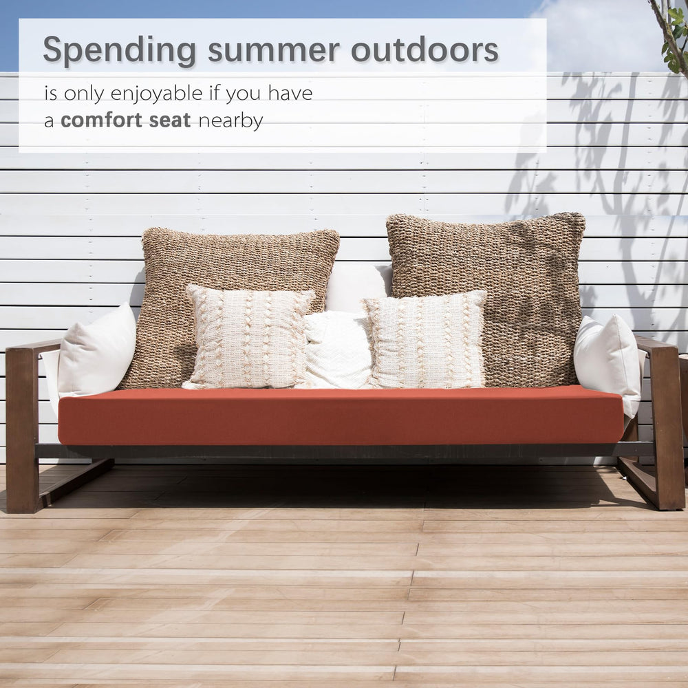 Favoyard Outdoor Bench Cushion in Spice Colour displayed outdoors