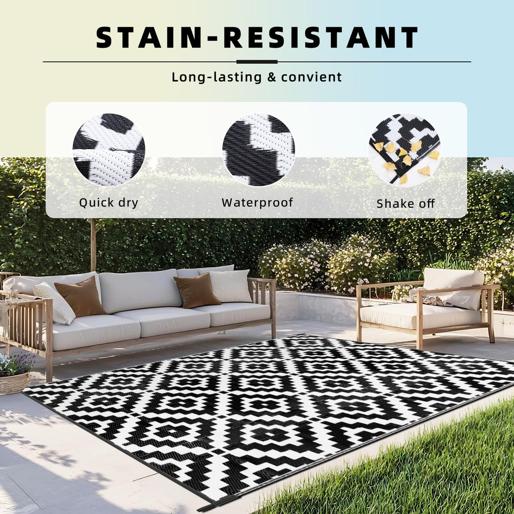 Favoyard Outdoor Rug 9x12 ft black and white close-up texture