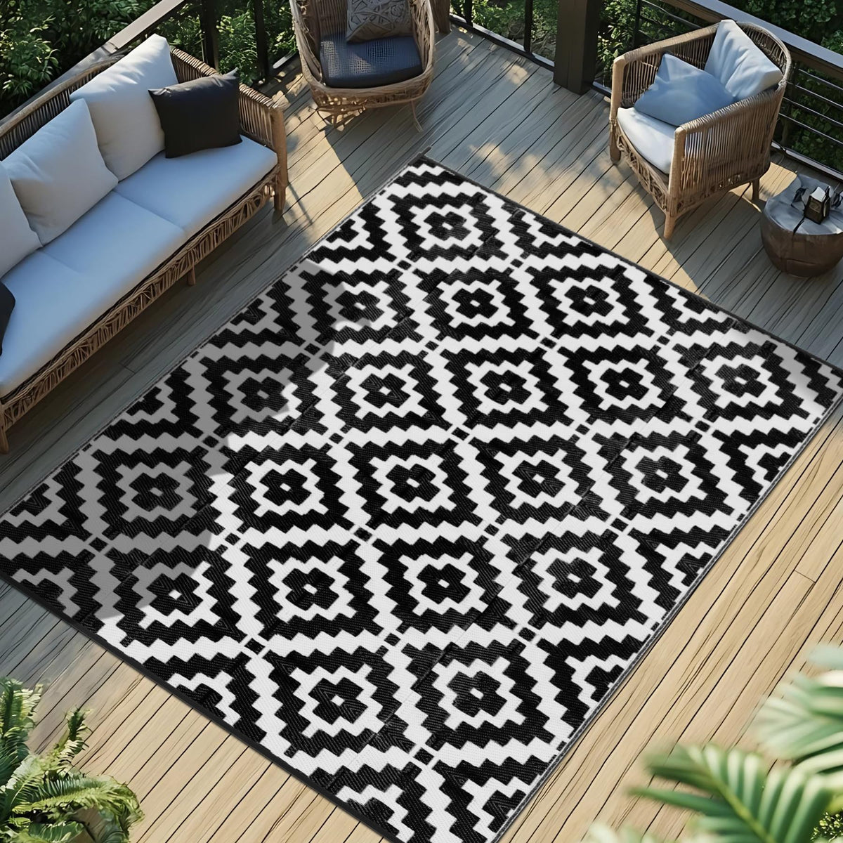 Favoyard Outdoor Rug 9x12 ft black and white front view