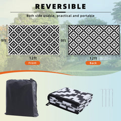 Favoyard Outdoor Rug 9x12 ft black and white side view