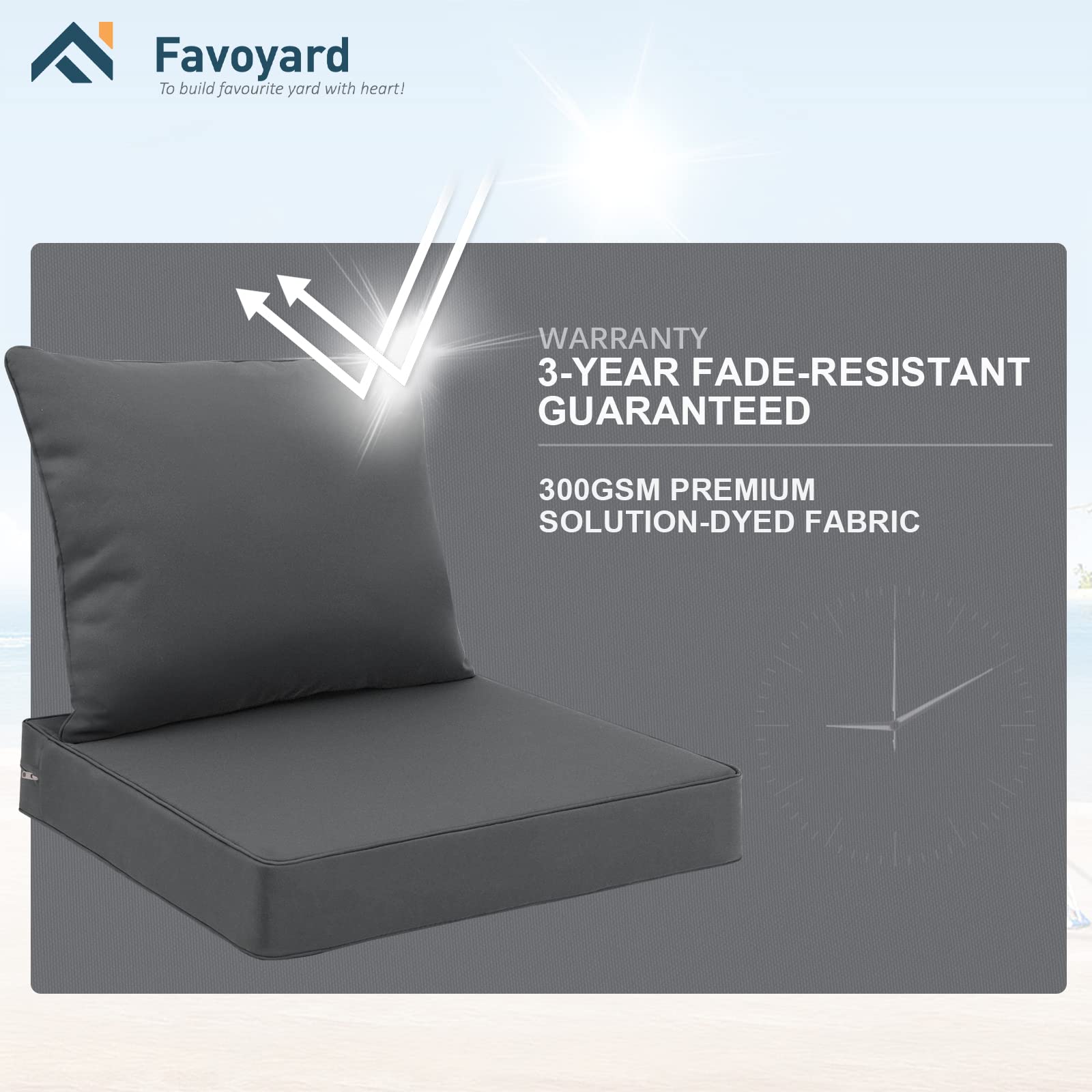 Favoyard patio cushions with tie straps, dark gray