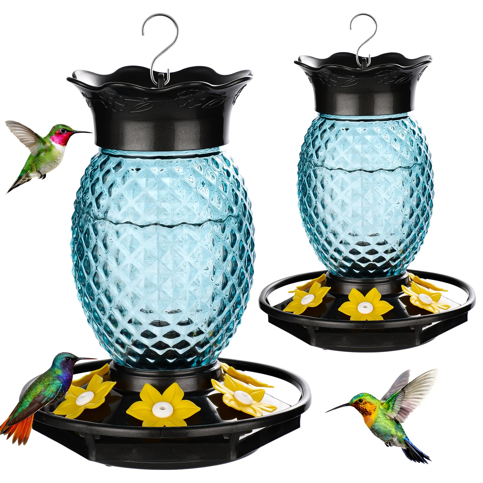 Fchstaer blue glass hummingbird feeder front view with pineapple design