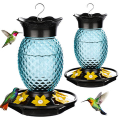 Fchstaer blue glass hummingbird feeder front view with pineapple design