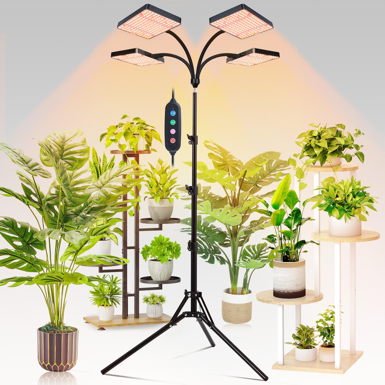 FECiDA 4-Head Grow Light front view with adjustable height stand