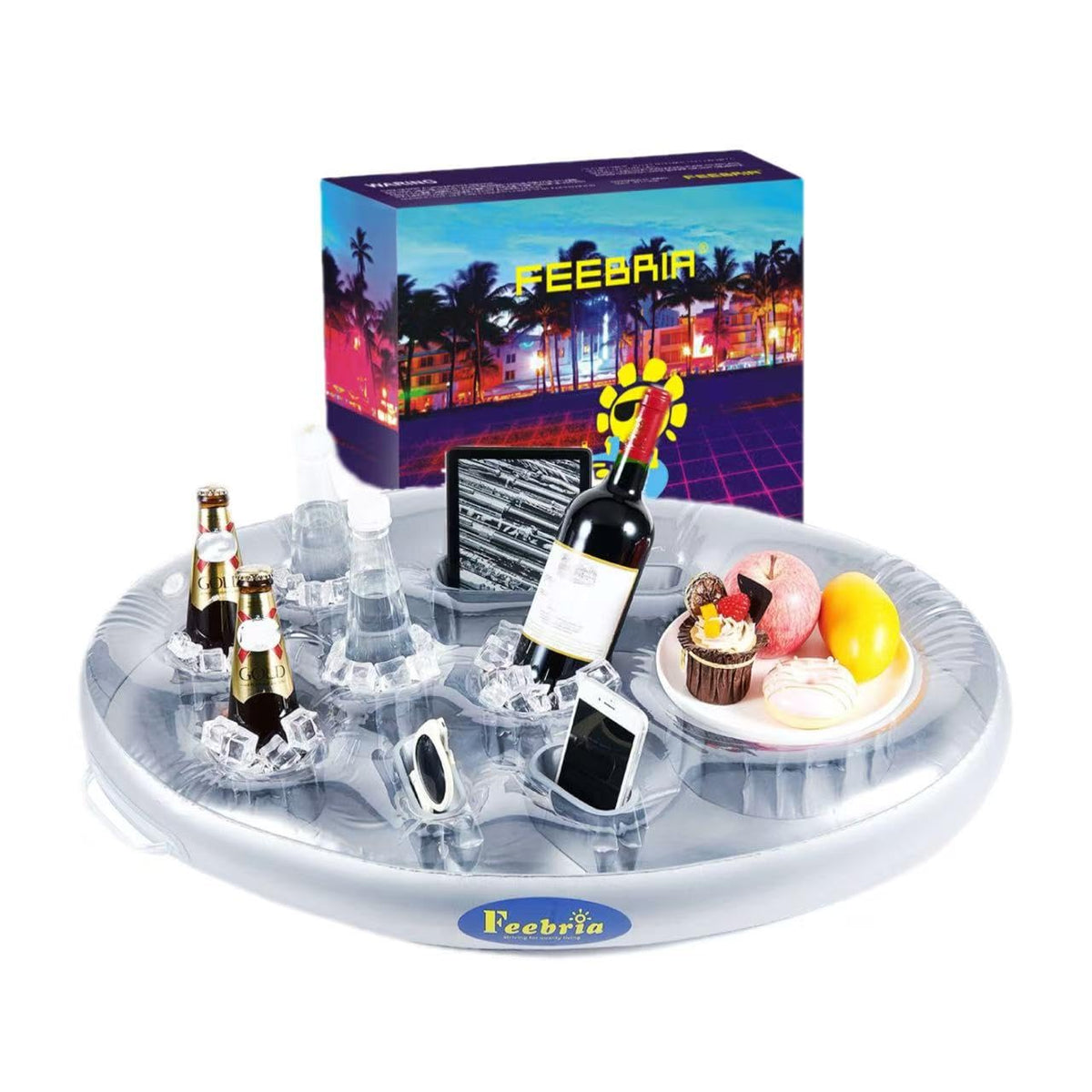 FEEBRIA Inflatable Pool Drink Holder front view in silver