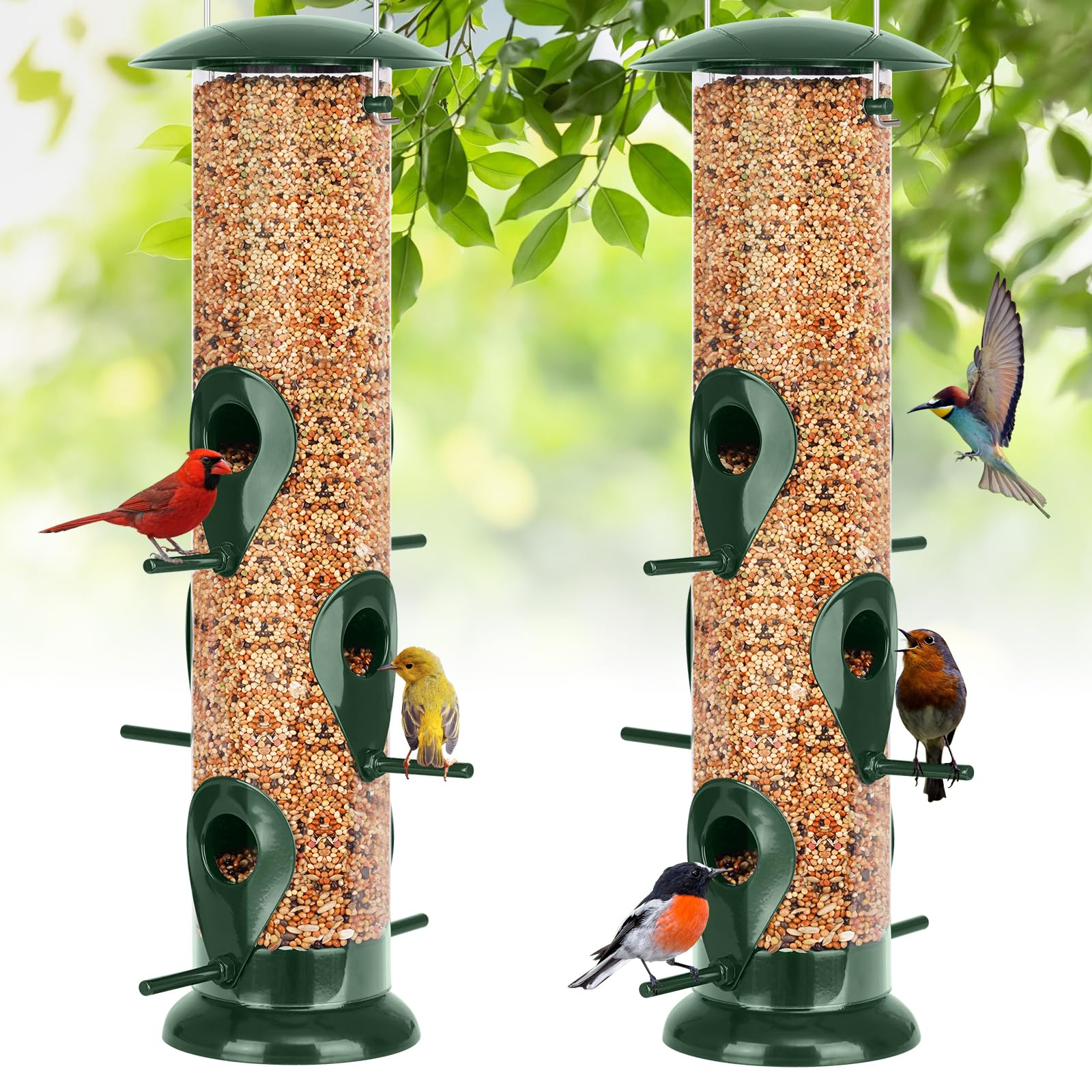 FEED GARDEN 13-inch green metal tube bird feeder front view