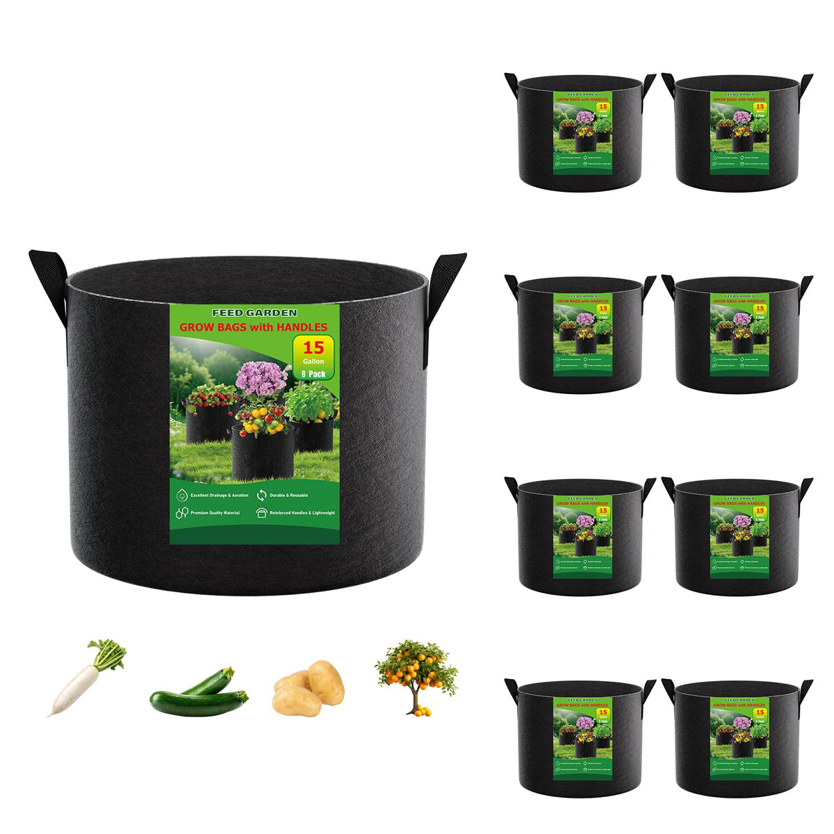 FEED GARDEN 15 Gallon grow bag black fabric front view