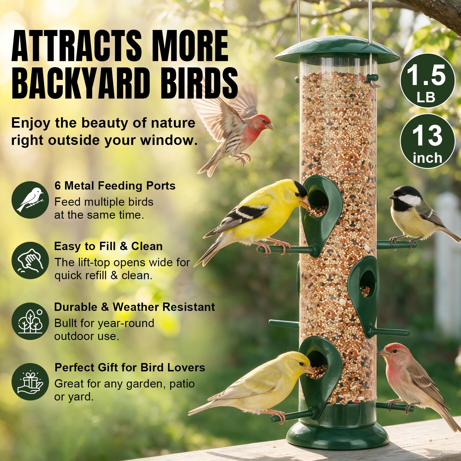 FEED GARDEN bird feeder showing six feeding ports