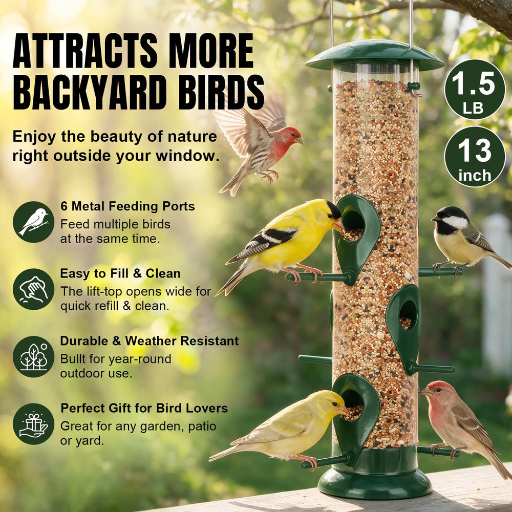 FEED GARDEN bird feeder showing six feeding ports
