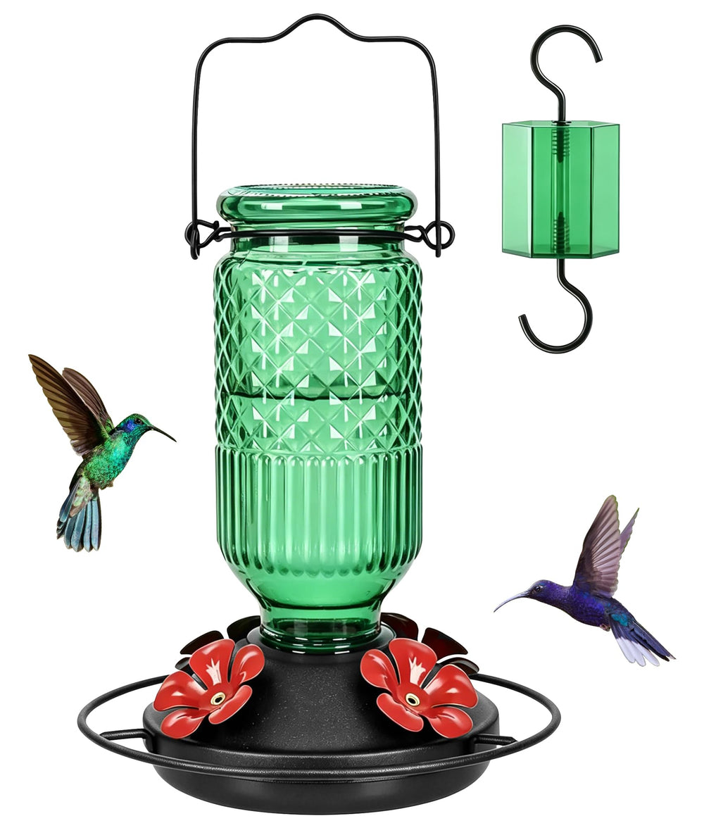 FEED GARDEN Glass Hummingbird Feeder front view in green