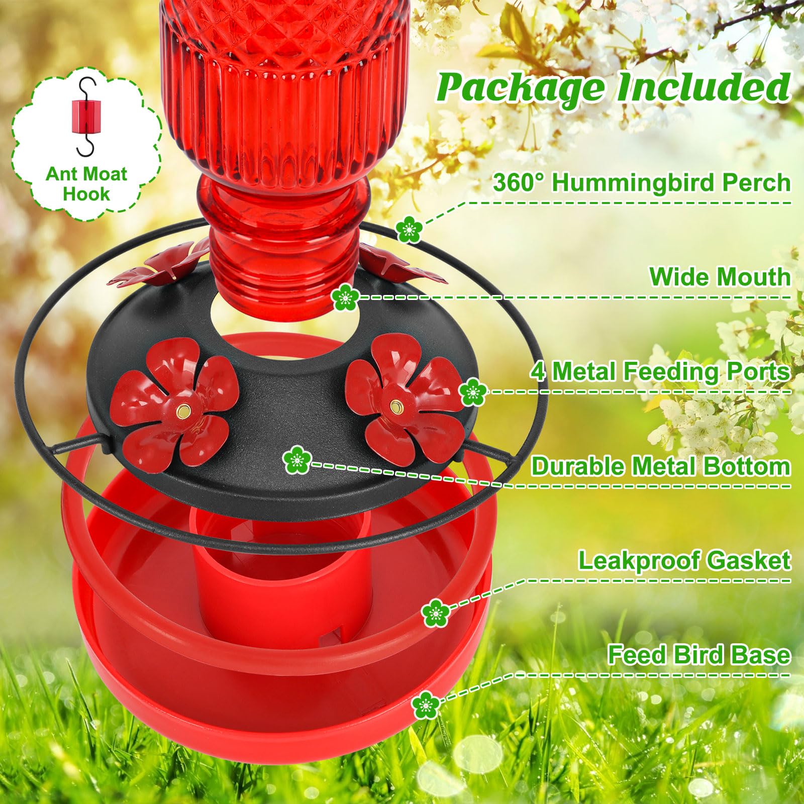 FEED GARDEN Glass Hummingbird Feeder with ant moat hook