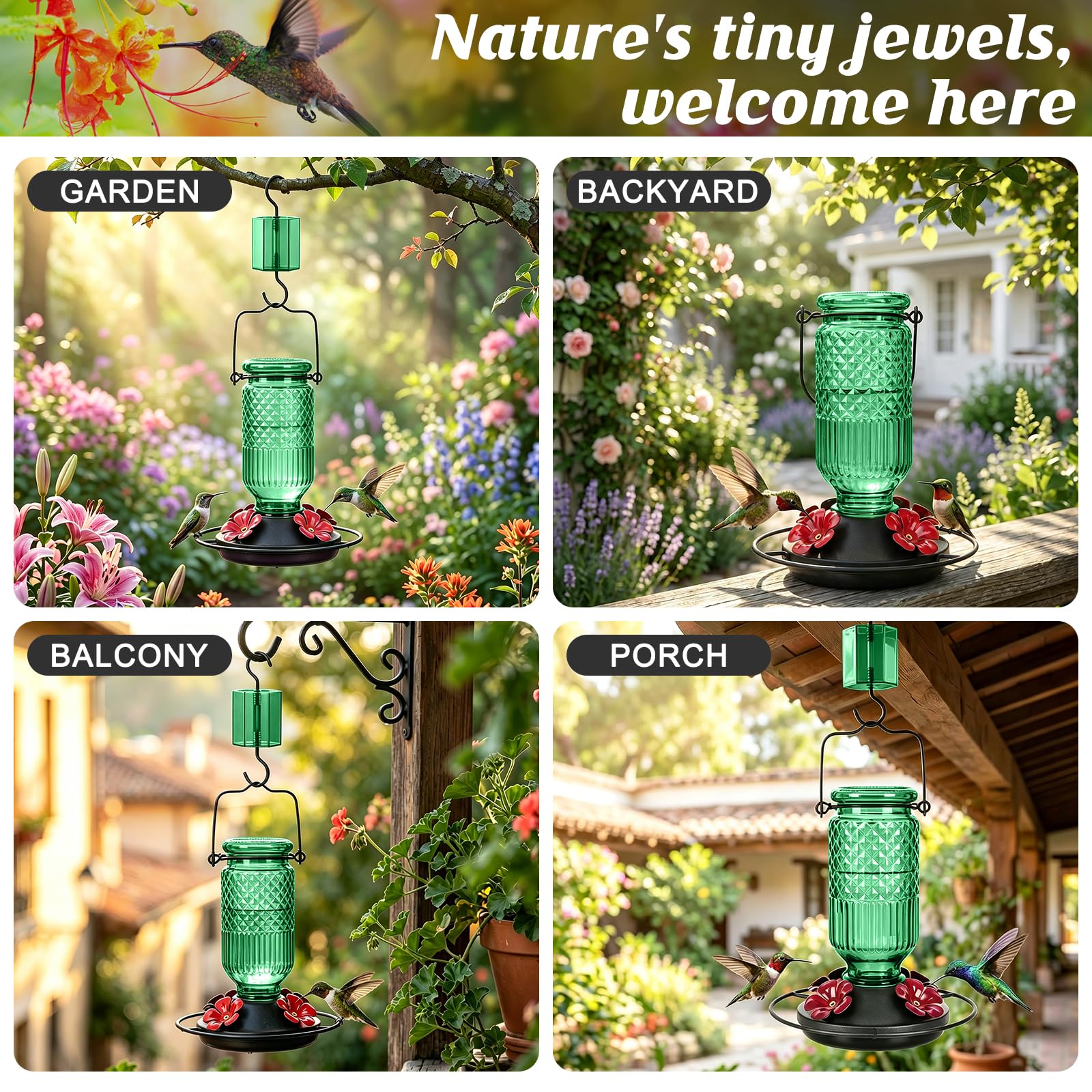 FEED GARDEN Hummingbird Feeder on a garden hook with birds feeding