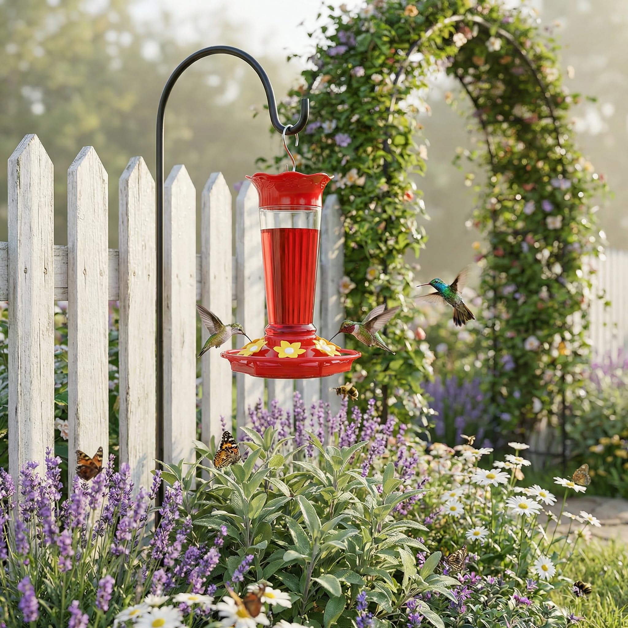 FEED GARDEN hummingbird feeder setup in a backyard