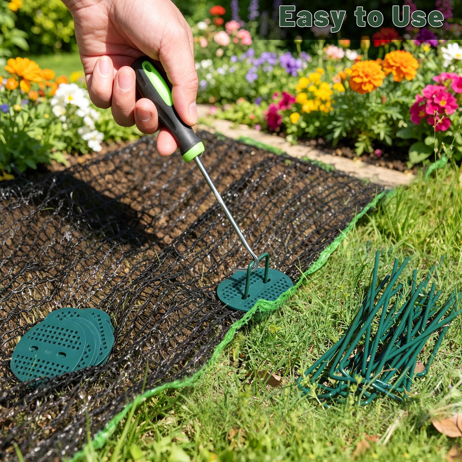 FEED GARDEN landscape staples in use for securing garden fabric