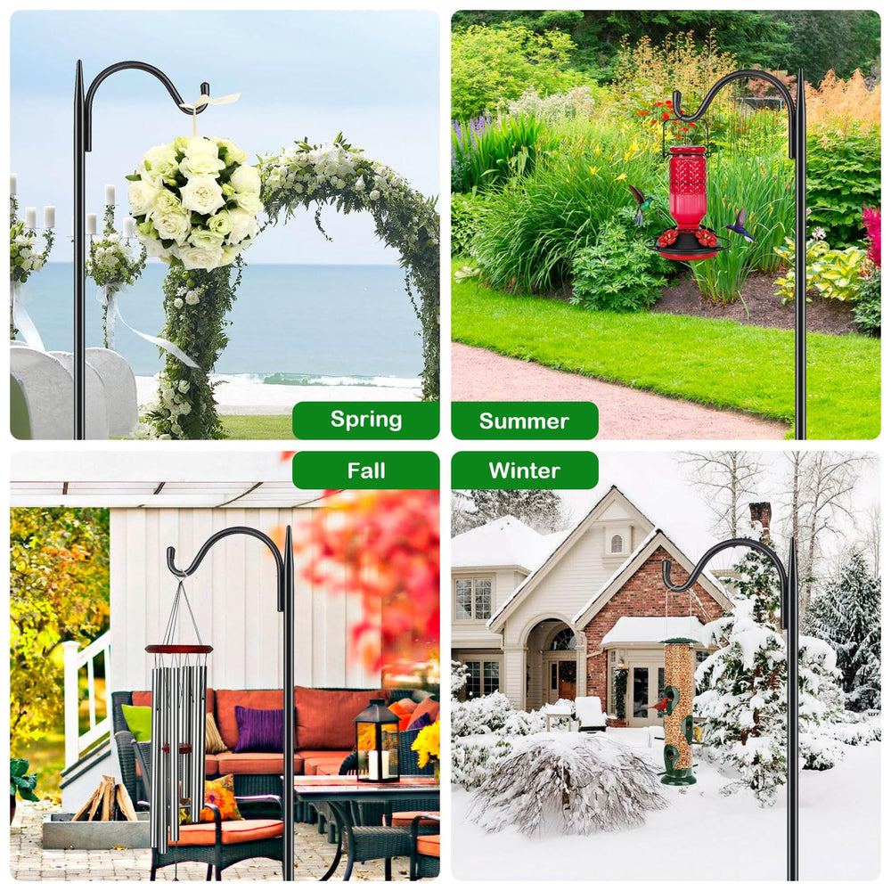 FEED GARDEN shepherd hook displaying hanging flower basket